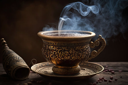 close-up of turkish coffee, with steam rising from the cup, created with generative aiの素材