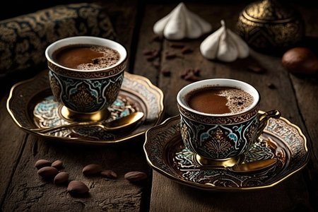 two cups of turkish coffee, with cream and sugar on the side, created with generative aiの素材