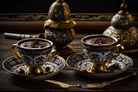 two cups of turkish coffee, with cream and sugar on the side, created with generative aiの素材