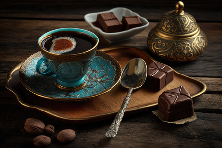 turkish coffee set with saucer, spoon and sugar on wooden table, created with generative aiの素材