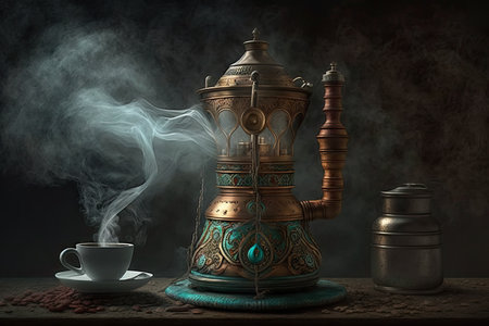 turkish coffee maker, with steam rising from the heated water and grounds, created with generative aiの素材