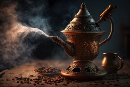 turkish coffee being brewed in traditional copper pot, with smoke wafting from the surface, created with generative aiの素材