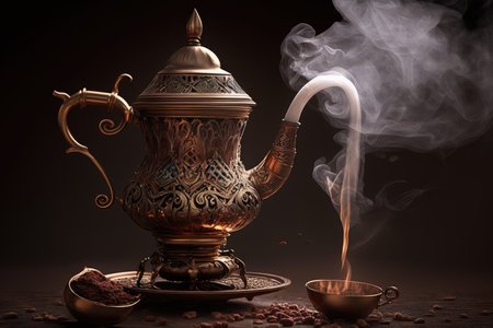 turkish coffee being brewed in traditional copper pot, with smoke wafting from the surface, created with generative aiの素材
