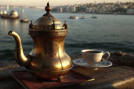turrkish coffee served in a traditional brass pot, with view of the bosphorus, created with generative aiの素材
