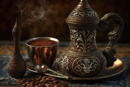 turkish coffee, with a touch of cinnamon and cardamom, for a taste of exotic spice, created with generative aiの素材