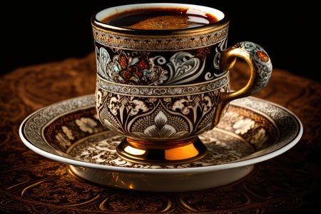 a close-up of a cup of hot, rich turkish coffee, created with generative aiの素材