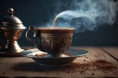 close-up of turkish coffee, with steam rising from the hot liquid, created with generative aiの素材