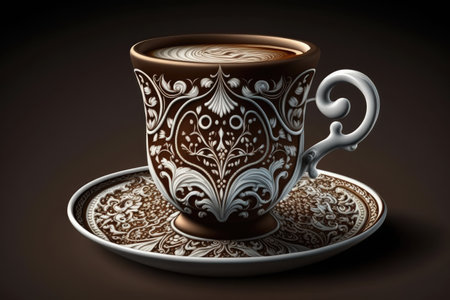 cup of turkish coffee, with delicate design traced in foamed milk, created with generative aiの素材