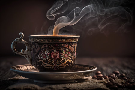a close-up of a cup of turkish coffee, with steam rising from the warm brew, created with generative aiの素材