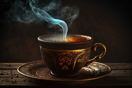 a close-up of a cup of turkish coffee, with steam rising from the warm brew, created with generative aiの素材