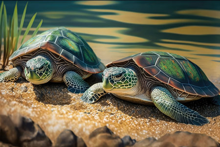 pair of turtles, side by side on the shore, sunning themselves, created with generative aiの素材