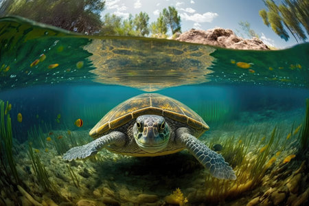 vey old turtle swimming in crystal-clear pond, created with generative aiの素材