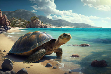very old turtle basking in the sun, with view of beautiful beach, created with generative aiの素材