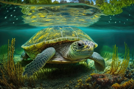 very old turtle swimming in crystal-clear river, its eyes and shell glistening, created with generative aiの素材