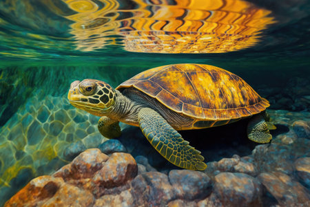 turtle swimming in crystal-clear river, with its wrinkled skin shimmering, created with generative aiの素材