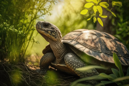 very old turtle basking in the sun, surrounded by lush greenery, created with generative aiの素材