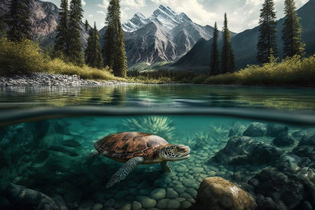 very old turtle swimming in crystal-clear river, with trees and mountains visible in the background, created with generative aiの素材