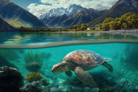 very old turtle swimming in crystal-clear river, with trees and mountains visible in the background, created with generative aiの素材