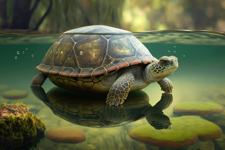 very old turtle floating on top of crystal clear pond, with reflection visible, created with generative aiの素材