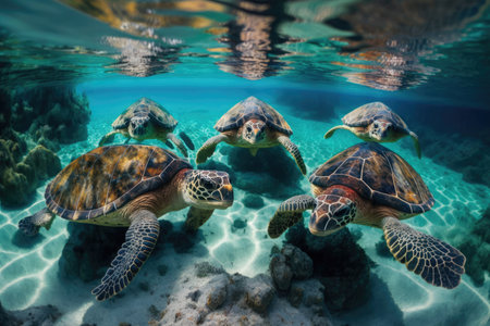 group of turtles swimming together in crystal-clear lagoon, created with generative aiの素材