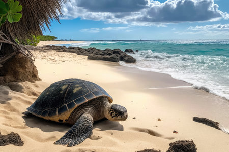 very old turtle sunning on secluded beach, with view of the ocean in the distance, created with generative aiの素材