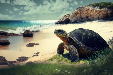 very old turtle sunning on secluded beach, with view of the ocean in the distance, created with generative aiの素材