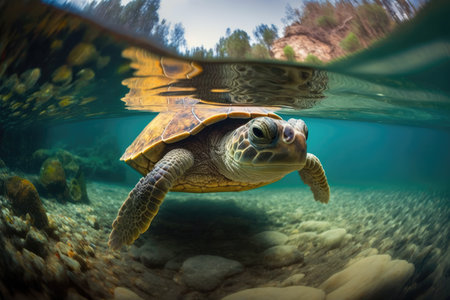 old turtle swimming in crystal-clear water, with its head above the surface, created with generative aiの素材