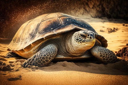 very old turtle basking in the sun on sandy beach, created with generative aiの素材