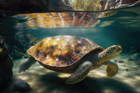 very old turtle swimming in crystal-clear river, its ancient shell glistening in the sunlight, created with generative aiの素材