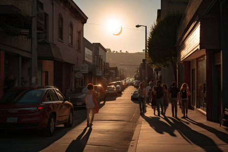 street scene with eclipse, showing the moon passing in front of the sun, created with generative aiの素材
