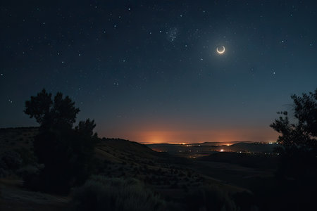 nighttime sky with moon and stars, during total eclipse, created with generative aiの素材