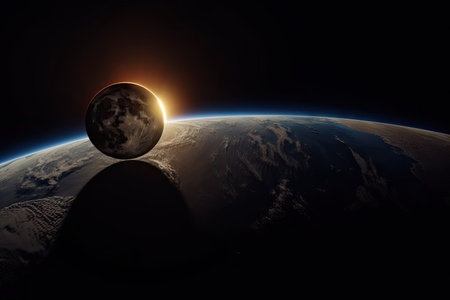 solar eclipse, with the sun blocked by the moon, casting a shadow across planet, created with generative aiの素材