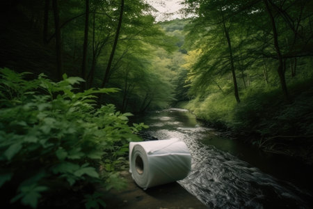 empty toilet paper roll in the forest next to a stream, with beautiful greenery in the background, created with generative aiの素材