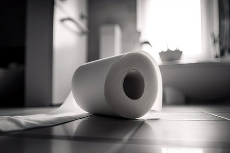 close-up of empty toilet paper roll with a view of the bathroom sink visible in the background, created with generative aiの素材
