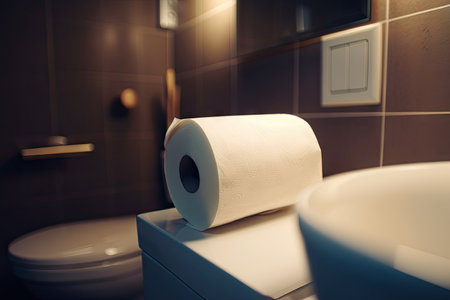 close-up of empty toilet paper roll with a view of the bathroom sink visible in the background, created with generative aiの素材