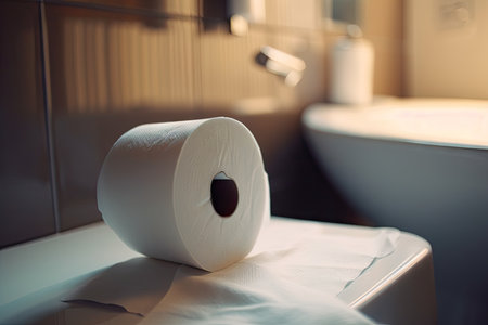 close-up of empty toilet paper roll with a view of the bathroom sink visible in the background, created with generative aiの素材