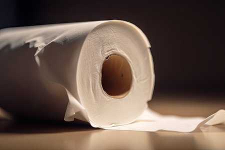 close-up of empty toilet paper roll with a hint of unused tissue visible, created with generative aiの素材