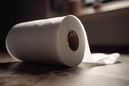 close-up of empty toilet paper roll with a hint of unused tissue visible, created with generative aiの素材
