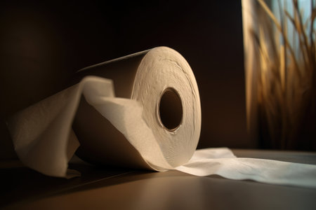 close-up of empty toilet paper roll, with tissue paper unraveling, created with generative aiの素材