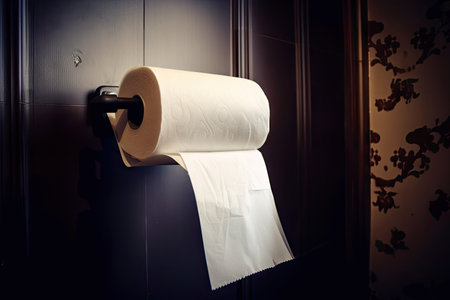 classic empty roll of toilet paper with the last few sheets hanging on, waiting to be used, created with generative aiの素材