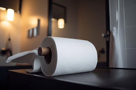 classic empty roll of toilet paper with the last few sheets hanging on, waiting to be used, created with generative aiの素材