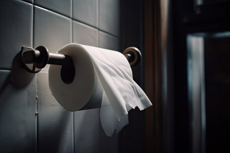close-up of empty toilet paper roll, with sheets hanging down, created with generative aiの素材