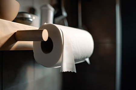 close-up of empty toilet paper roll, with sheets hanging down, created with generative aiの素材