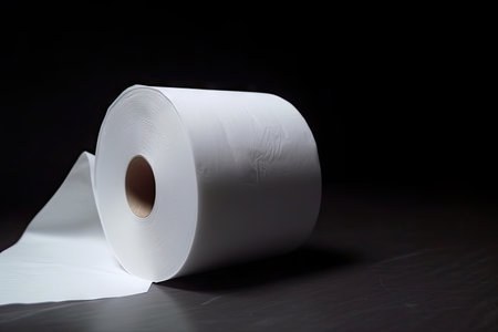 close-up of empty toilet paper roll with whisper of paper on the background, created with generative aiの素材