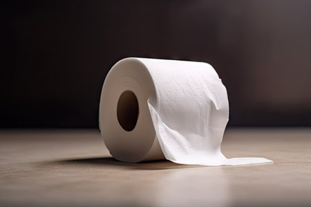 close-up of empty toilet paper roll with whisper of paper on the background, created with generative aiの素材