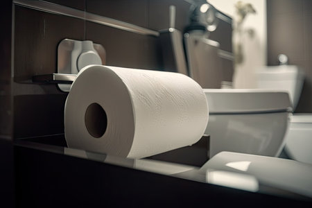 close-up of empty toilet paper roll in public restroom, with a modern and sleek design, created with generative aiの素材