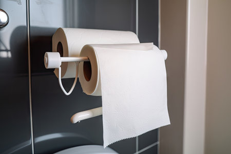empty toilet paper roll hanging on the dispenser, with a few stray sheets of toilet paper still attached, created with generative aiの素材