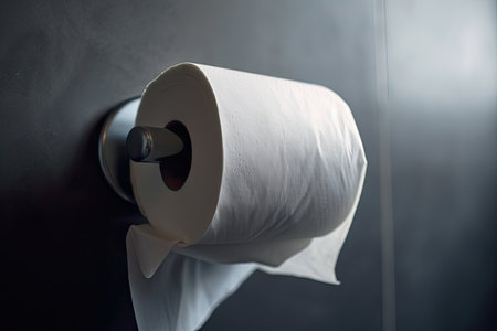 close-up of empty toilet paper roll on the holder, emphasizing its lack of use, created with generative aiの素材