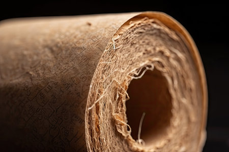 close-up of empty toilet paper roll, with visible cardboard texture and fibers, created with generative aiの素材