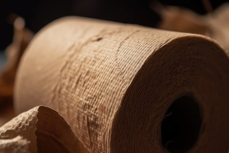 close-up of empty toilet paper roll, with visible cardboard texture and fibers, created with generative aiの素材